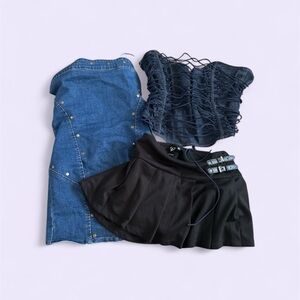 Denim Midi Skirt, Lace-Up Corset Top, Black Pleated Mini Skirt Set Bundle